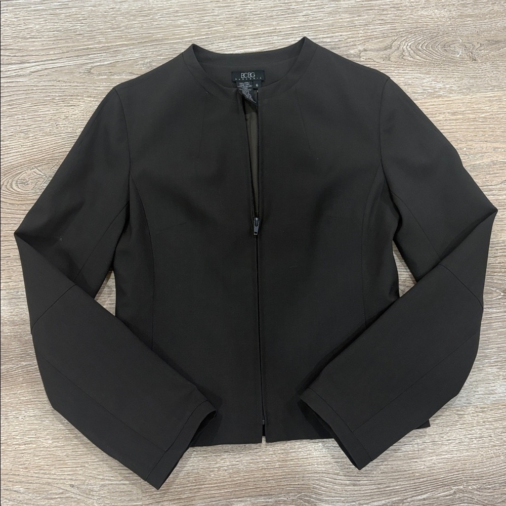 BCBG Max Azria‎ Wool Zip Front Blazer Jacket Black Size 6 Structured Minimalist - Picture 3 of 8